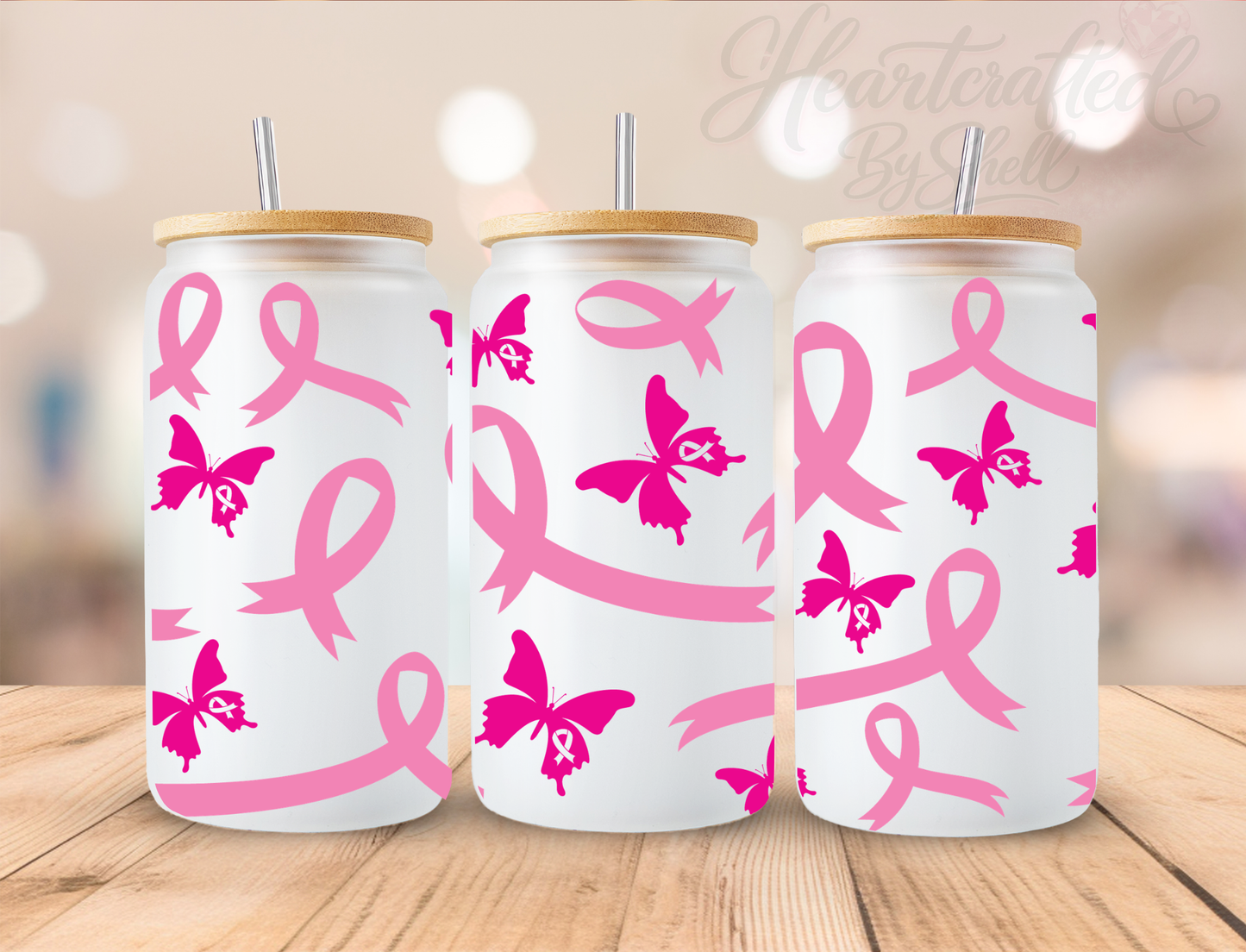 Breast Cancer butterfly glass can