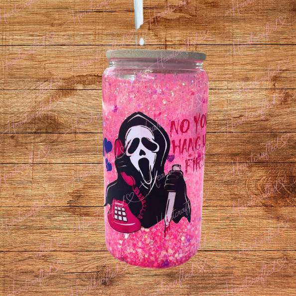Pink Horror-Inspired Glitter Glass Tumbler with Bamboo Lid & Straw