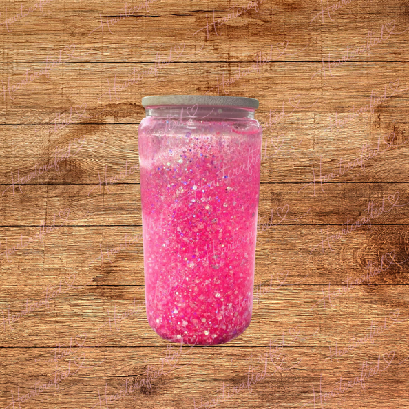 Pink Horror-Inspired Glitter Glass Tumbler with Bamboo Lid & Straw