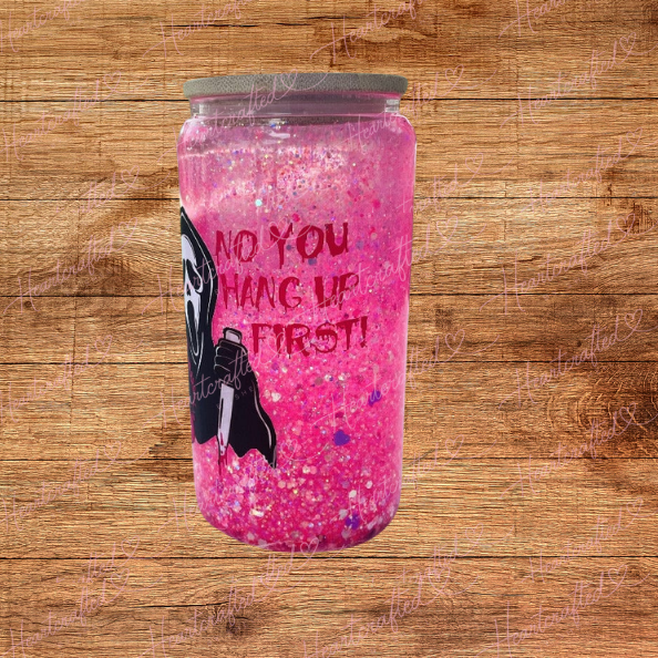 Pink Horror-Inspired Glitter Glass Tumbler with Bamboo Lid & Straw